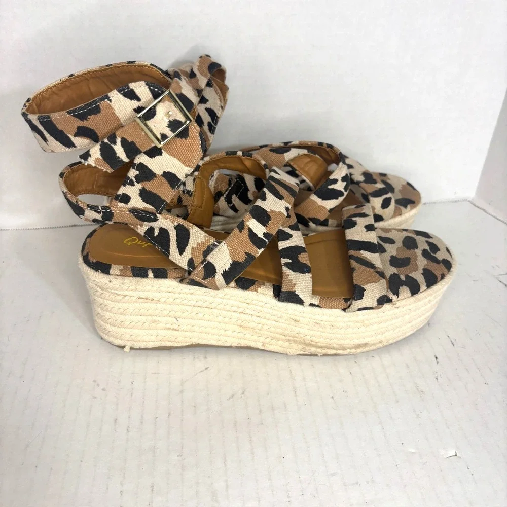 Womens Qupid Leopard Animal Print Brown Black Platform‎ Sandals Size 8